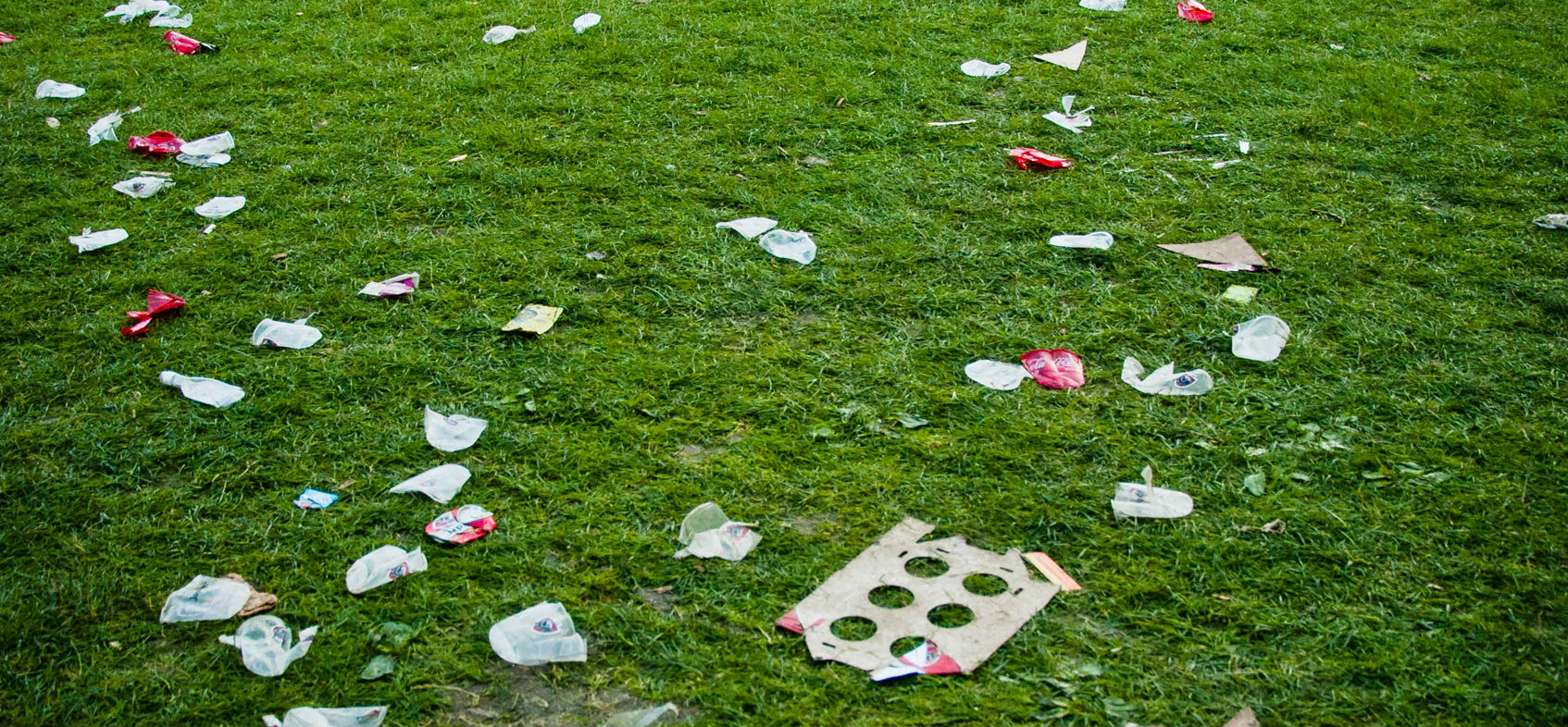 Een grasveld na een drukbezocht festival.