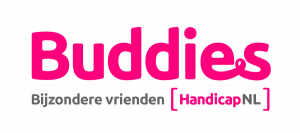 Buddies logo in Magenta en grijs.