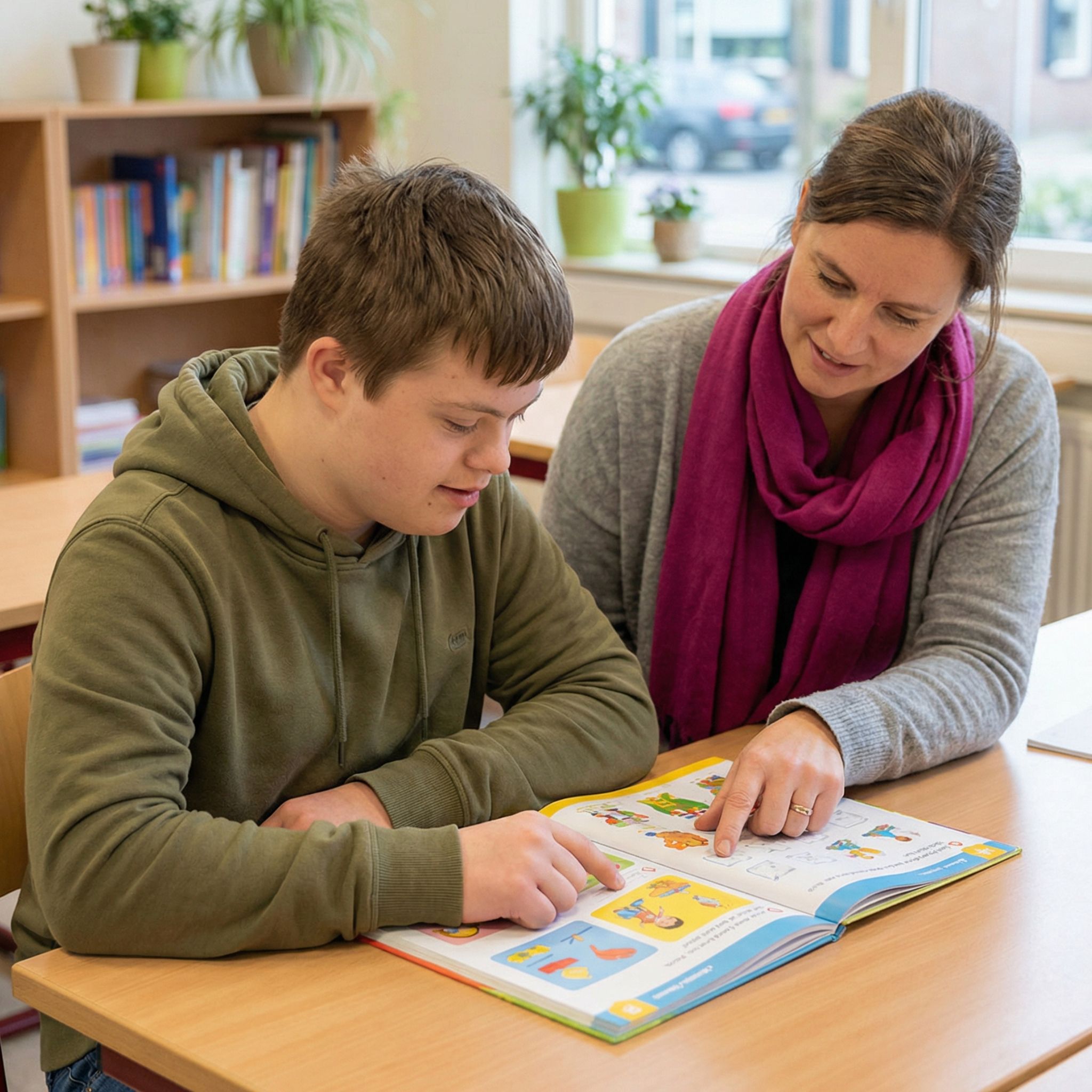 Jongere en begeleider zitten samen aan een tafel en bekijken een open lesboek. De begeleider wijst iets aan op de pagina, terwijl de jongere aandachtig meeleest. Op de achtergrond staan een boekenkast en planten in een lichte, rustige ruimte.