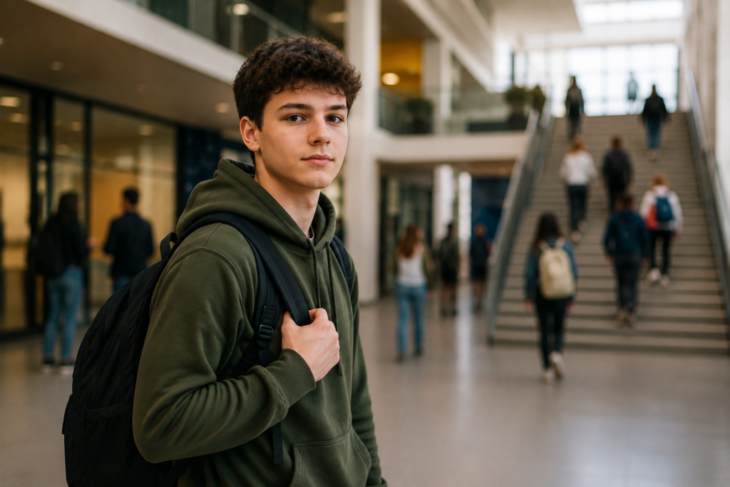 Een jonge student met rugzak staat in een ruime mbo-school en kijkt recht in de camera. Op de achtergrond lopen andere studenten door de lichte hal en over een trap. De sfeer is rustig en serieus. De afbeelding laat een jongere zien die graag wil doorleren en meedoen.