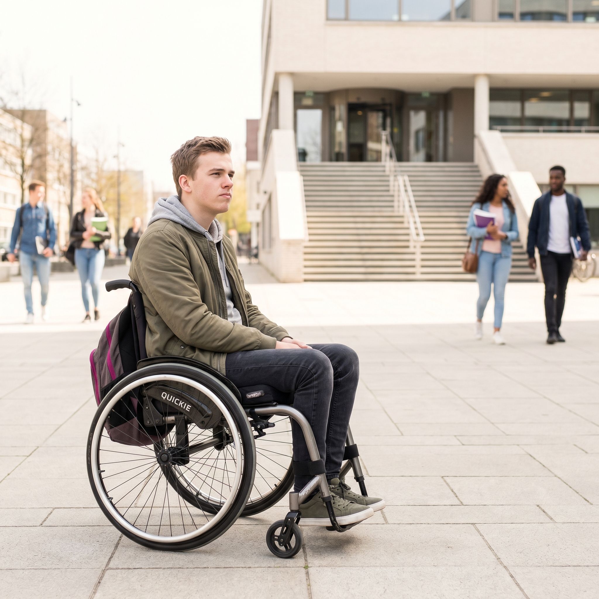 Jonge rolstoelgebruiker zit op een plein voor een modern onderwijsgebouw met een trap. Op de achtergrond lopen andere studenten voorbij.