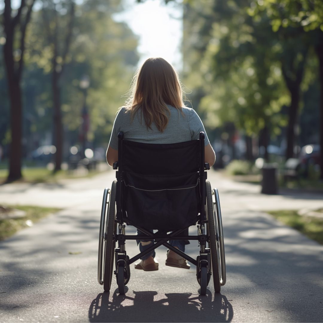 Persoon in een rolstoel rijdt over een zonnig pad in een park, gezien van achteren.
